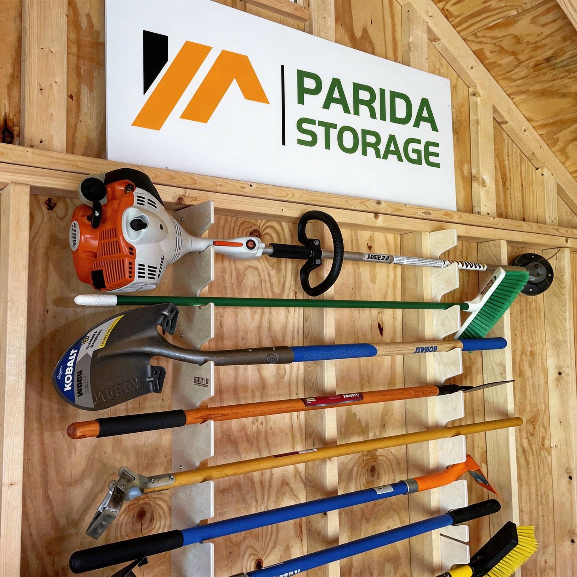 Yard tool rack for shed and garden tool storage, keeping tools organized and easily accessible.